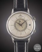 A GENTLEMAN'S STAINLESS STEEL JAEGER LECOULTRE MEMOVOX AUTOMATIC ALARM WRIST WATCH CIRCA 1960,