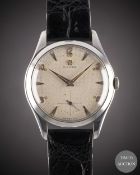 A GENTLEMAN'S STAINLESS STEEL OMEGA WRIST WATCH CIRCA 1950, REF. 2503-14 HONEYCOMB DIAL WITH ROSE