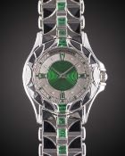 A GENTLEMAN'S SIZE 18K SOLID WHITE GOLD, EMERALD & ONYX MAUBOUSSIN AUTOMATIC BRACELET WATCH CIRCA