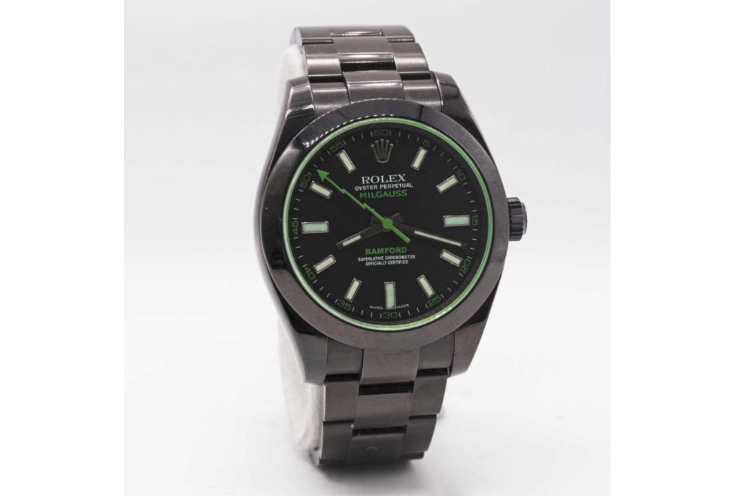 A GENTLEMAN'S BLACK COATED STAINLESS STEEL BAMFORD ROLEX OYSTER PERPETUAL "GREEN GLASS" MILGAUSS - Image 4 of 8