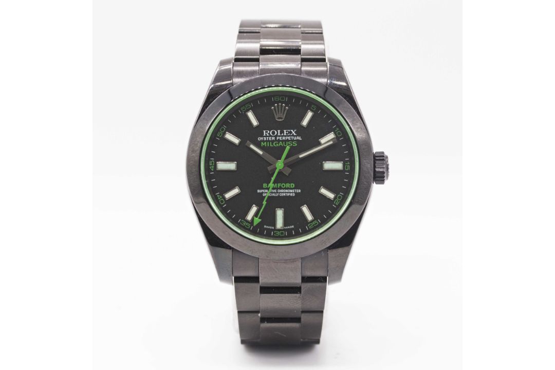 A GENTLEMAN'S BLACK COATED STAINLESS STEEL BAMFORD ROLEX OYSTER PERPETUAL "GREEN GLASS" MILGAUSS - Image 2 of 8