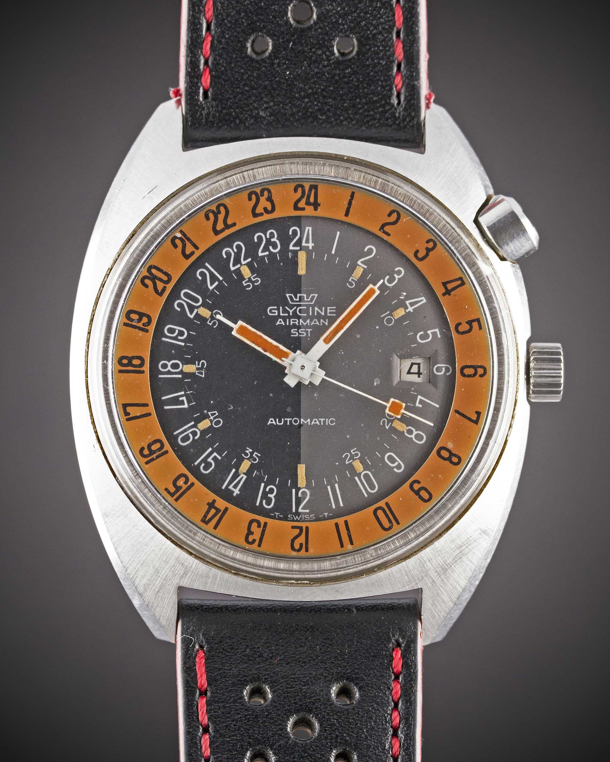 A GENTLEMAN'S STAINLESS STEEL GLYCINE AIRMAN SST "PUMPKIN" 24 HOUR AUTOMATIC WRIST WATCH CIRCA