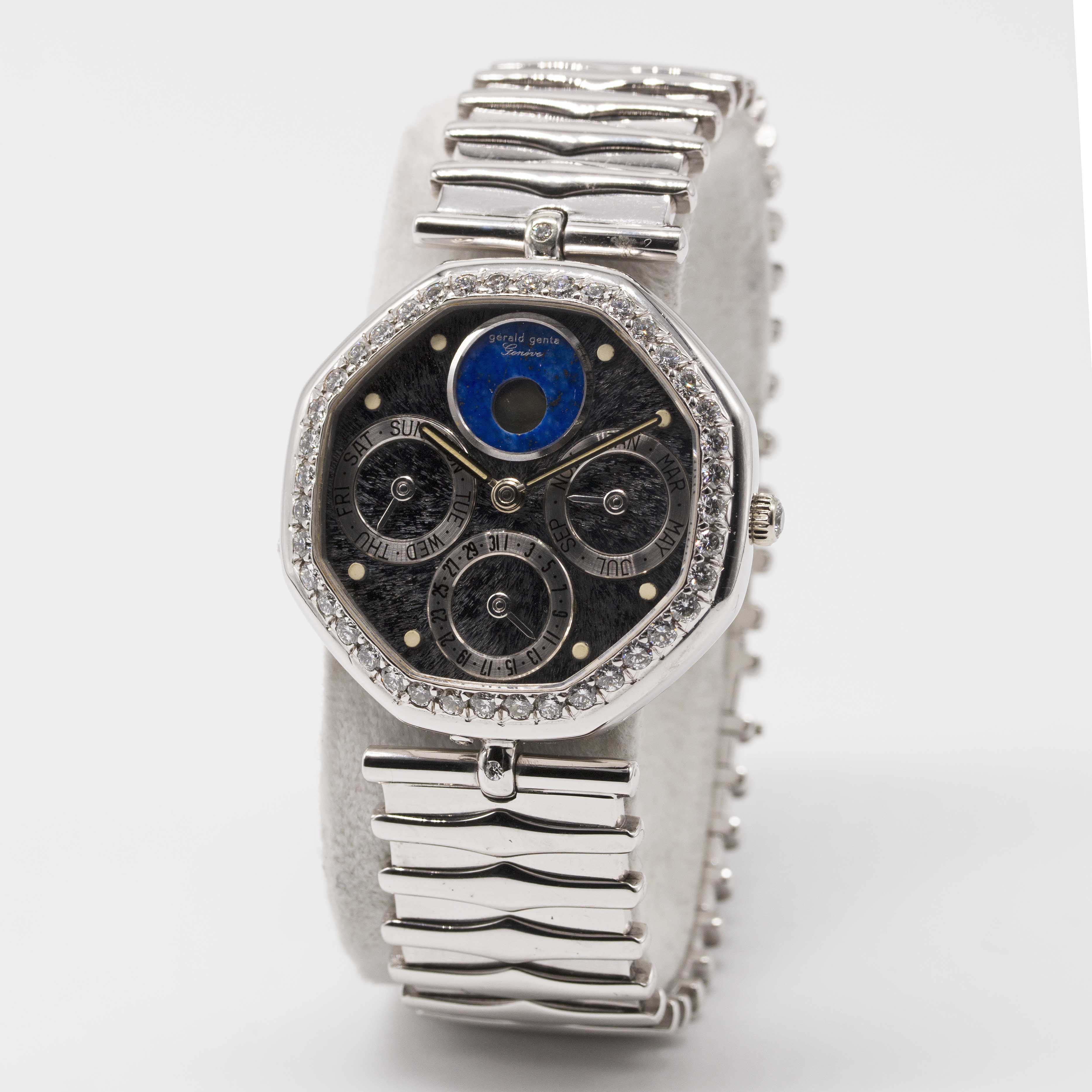 AN 18K SOLID WHITE GOLD & DIAMOND GERALD GENTA TRIPLE CALENDAR MOONPHASE BRACELET WATCH CIRCA - Image 4 of 10