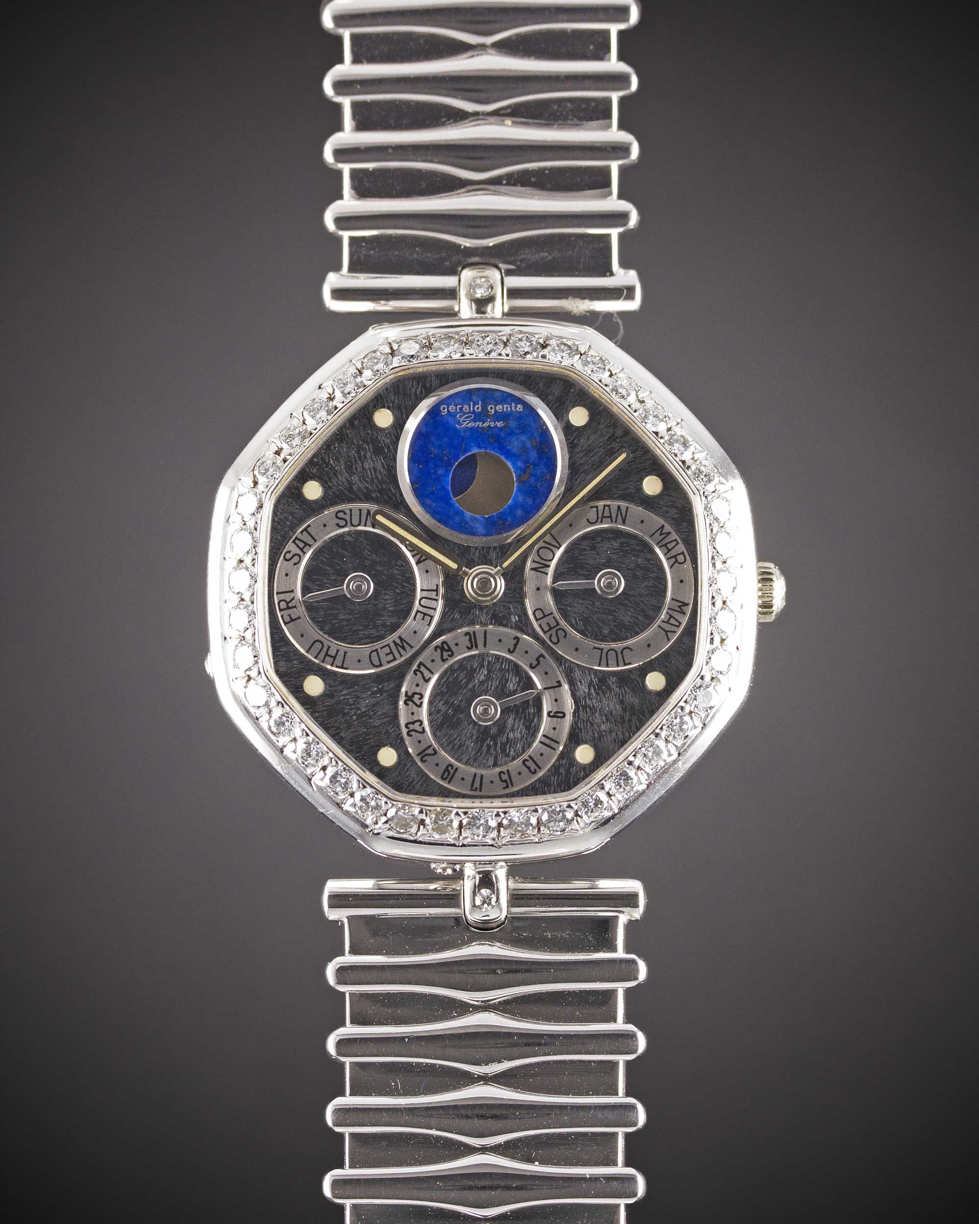 AN 18K SOLID WHITE GOLD & DIAMOND GERALD GENTA TRIPLE CALENDAR MOONPHASE BRACELET WATCH CIRCA