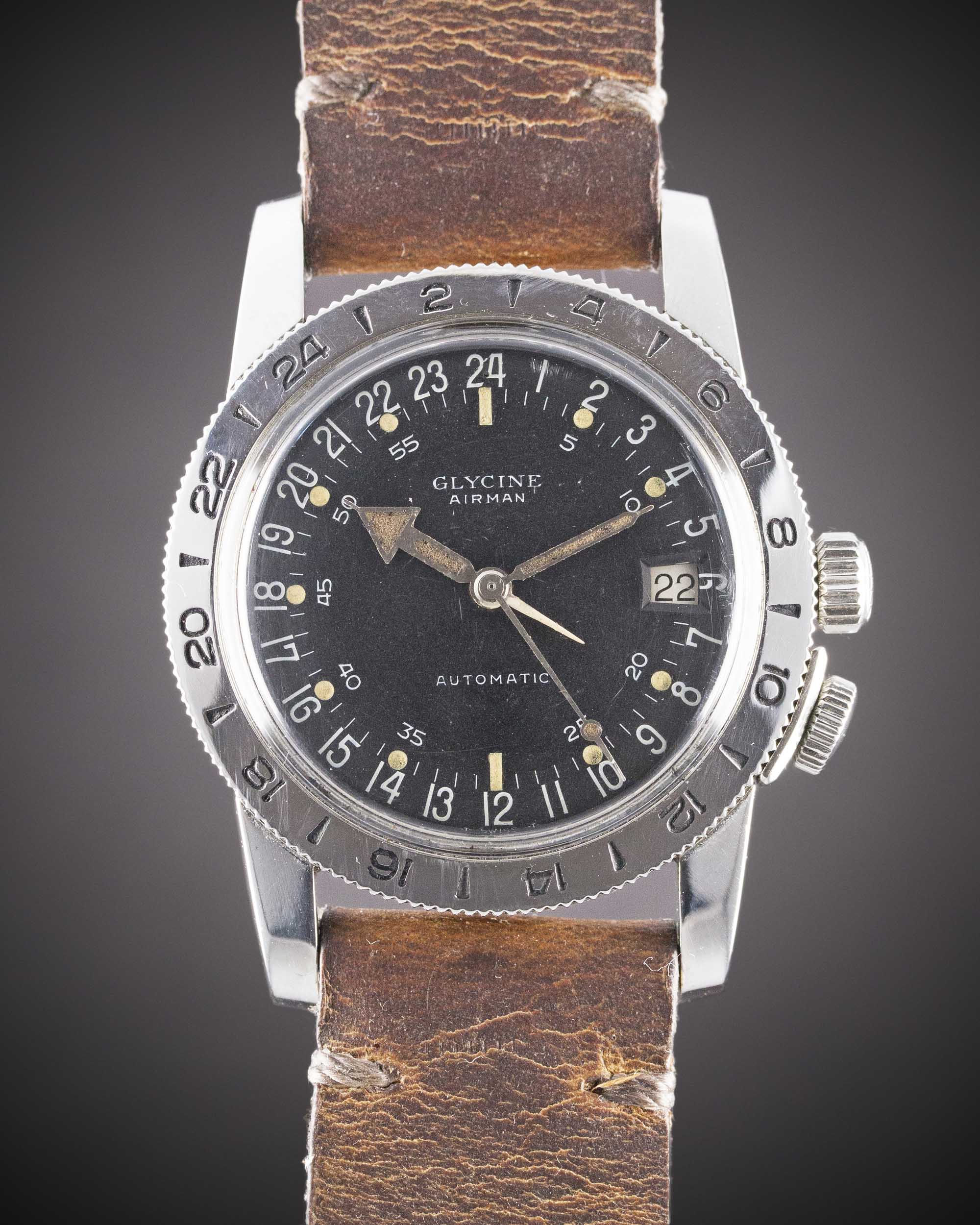 A GENTLEMAN'S STAINLESS STEEL GLYCINE AIRMAN PILOTS WRIST WATCH CIRCA 1966 Movement: 25J, automatic,