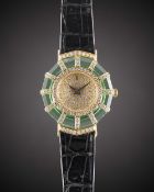 A LADIES 18K SOLID GOLD, DIAMOND & GREEN CRYSTAL CORUM PRINCESS LIMELIGHT WRIST WATCH CIRCA 1990s,