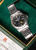 A RARE GENTLEMAN'S STAINLESS STEEL ROLEX OYSTER PERPETUAL DATE EXPLORER II 
