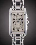 A GENTLEMAN'S 18K SOLID WHITE GOLD CARTIER TANK AMERICAINE CHRONOGRAPH BRACELET WATCH CIRCA 2000,