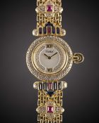 A LADIES 18K SOLID GOLD, DIAMOND, SAPPHIRE & RUBY TABBAH BERET BRACELET WATCH CIRCA 1990s, WITH