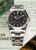 A RARE GENTLEMAN'S STAINLESS STEEL ROLEX OYSTER PERPETUAL EXPLORER 