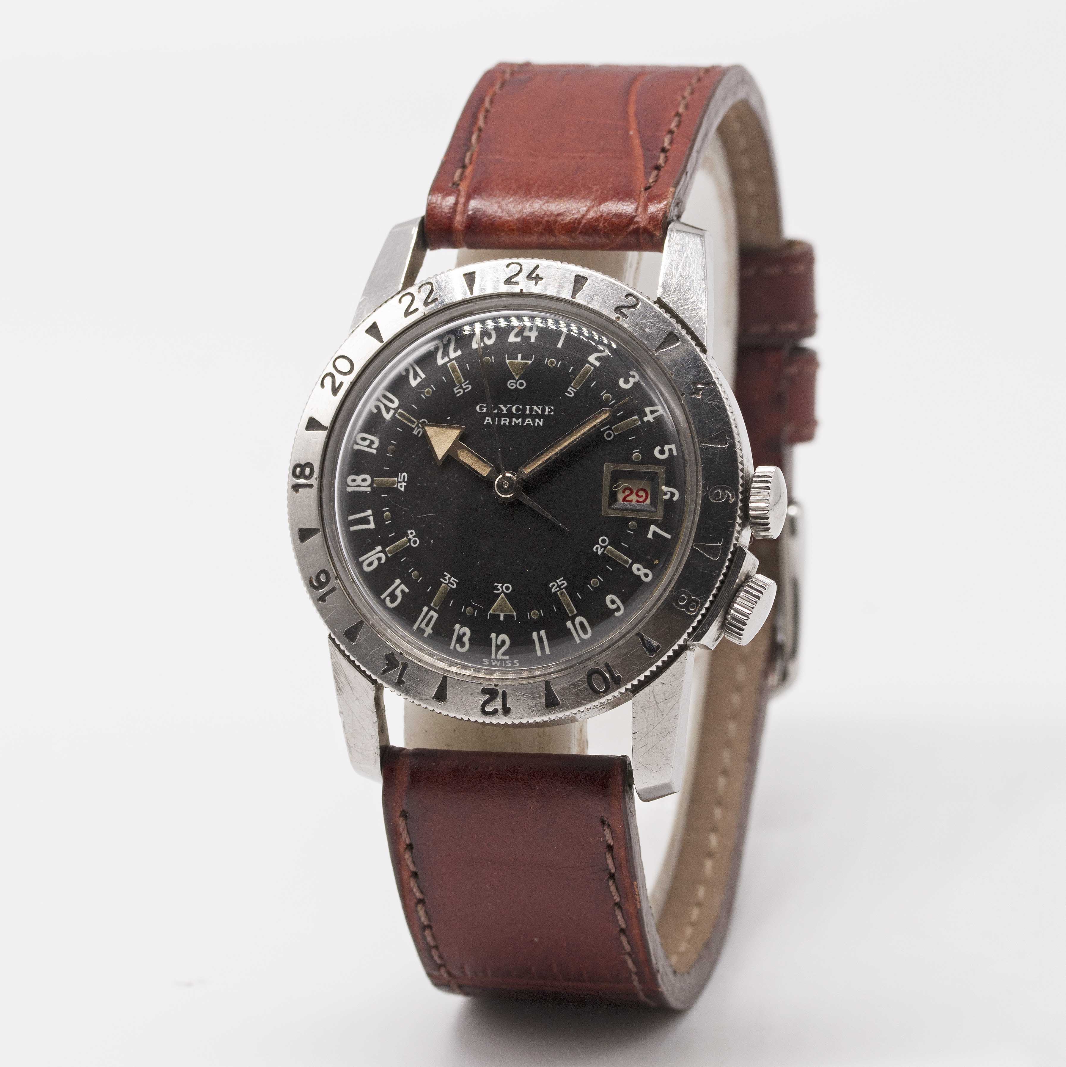 A GENTLEMAN'S STAINLESS STEEL GLYCINE AIRMAN PILOTS WRIST WATCH CIRCA 1955 Movement: 23J, automatic, - Image 4 of 9