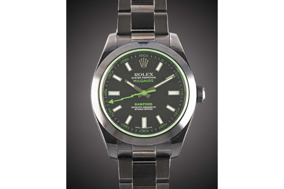 A GENTLEMAN'S BLACK COATED STAINLESS STEEL BAMFORD ROLEX OYSTER PERPETUAL "GREEN GLASS" MILGAUSS - Image 1 of 8