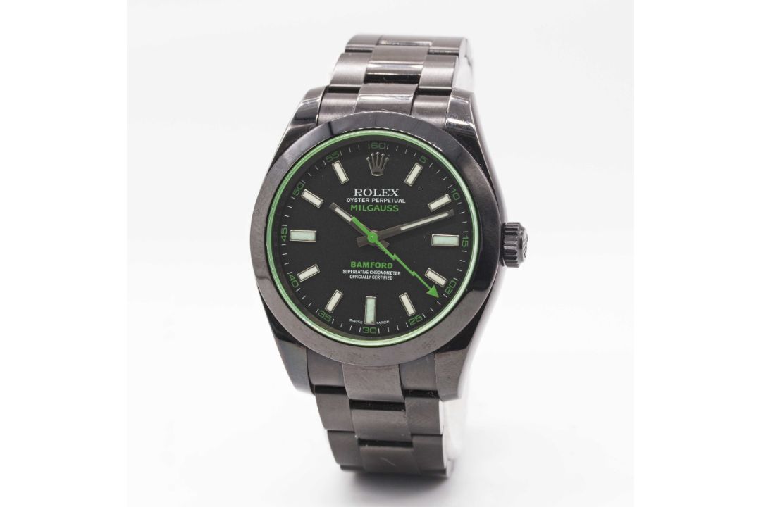 A GENTLEMAN'S BLACK COATED STAINLESS STEEL BAMFORD ROLEX OYSTER PERPETUAL "GREEN GLASS" MILGAUSS - Image 3 of 8