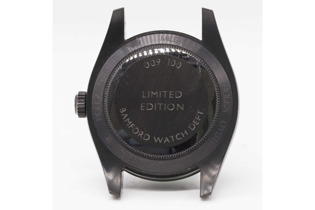 A GENTLEMAN'S BLACK COATED STAINLESS STEEL BAMFORD ROLEX OYSTER PERPETUAL "GREEN GLASS" MILGAUSS - Image 6 of 8