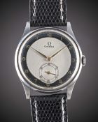 A RARE GENTLEMAN'S LARGE SIZE STAINLESS STEEL OMEGA WRIST WATCH CIRCA 1939, WITH SILVER & BLACK 