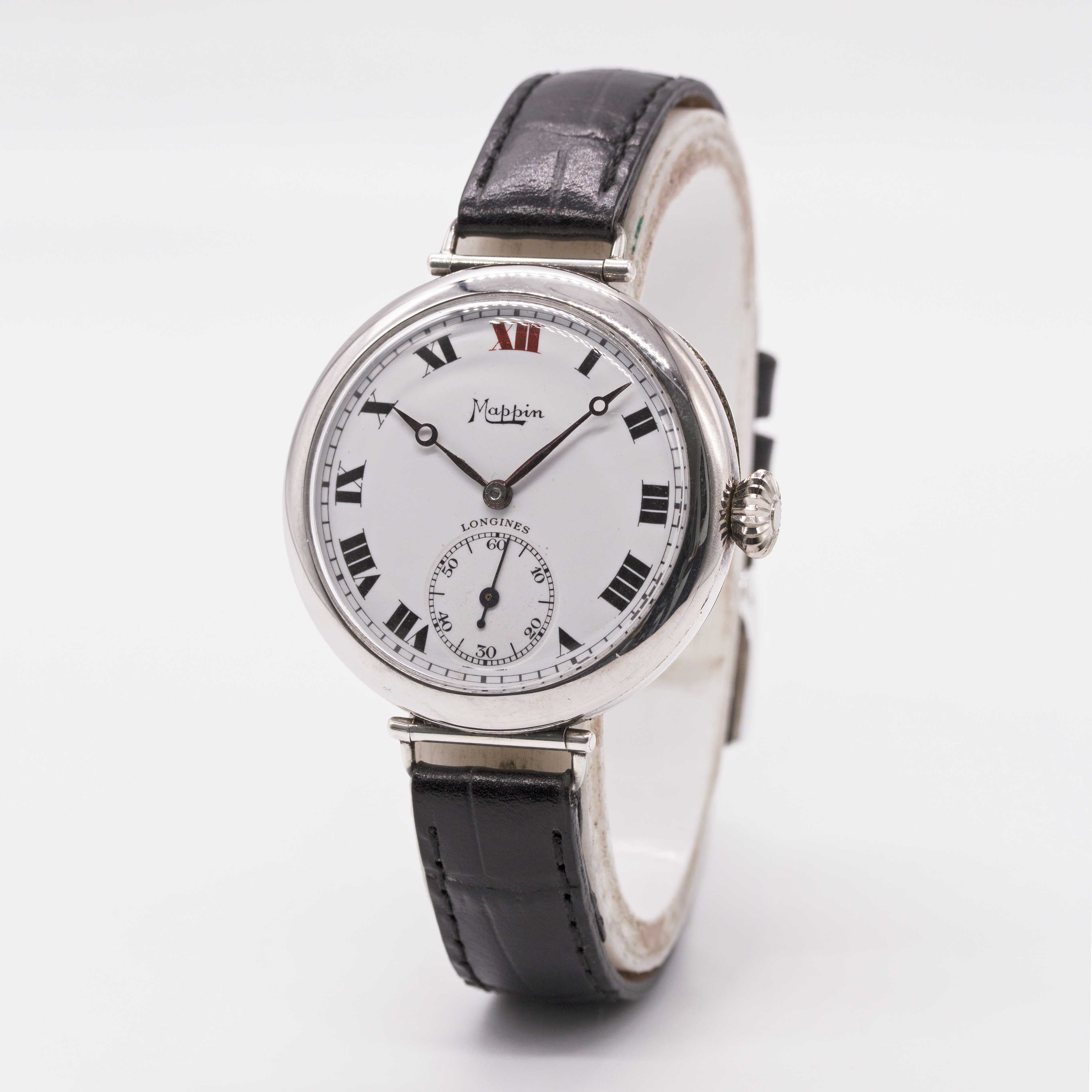 A GENTLEMAN'S SOLID SILVER LONGINES MAPPIN OFFICERS WRIST WATCH CIRCA 1918, ENAMEL DIAL WITH ROMAN - Image 3 of 10
