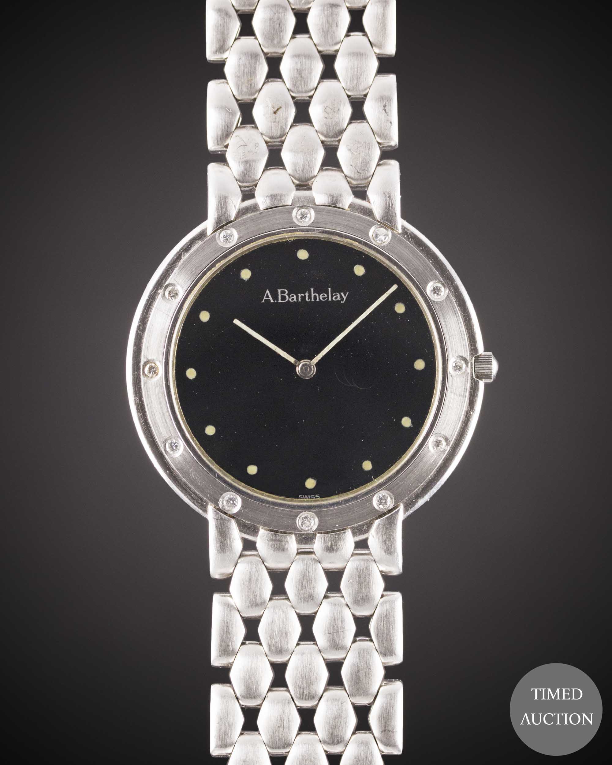 A WHITE METAL & DIAMOND A. BARTHELAY BRACELET WATCH CIRCA 1990s Movement: Quartz. Case: Diameter