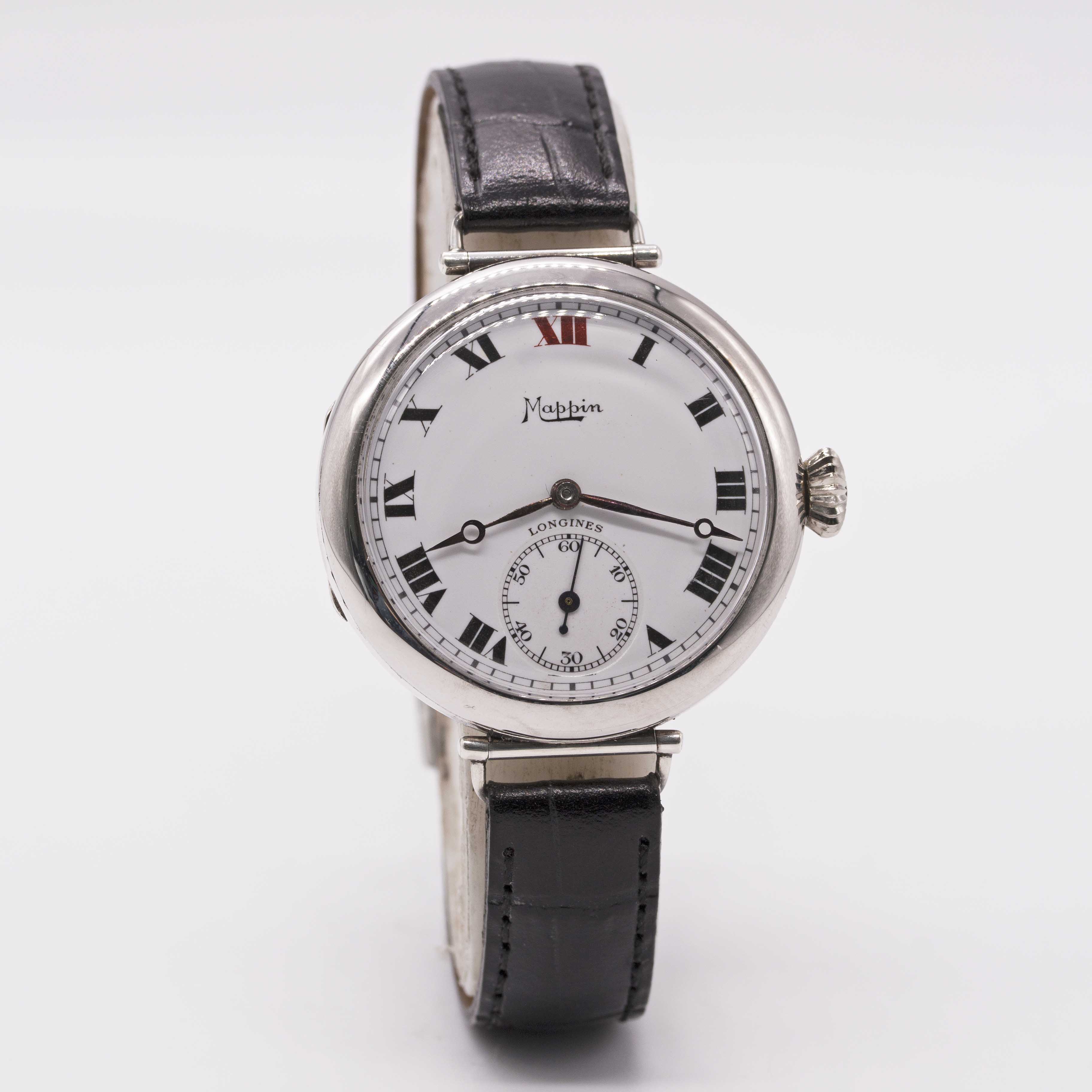 A GENTLEMAN'S SOLID SILVER LONGINES MAPPIN OFFICERS WRIST WATCH CIRCA 1918, ENAMEL DIAL WITH ROMAN - Image 4 of 10