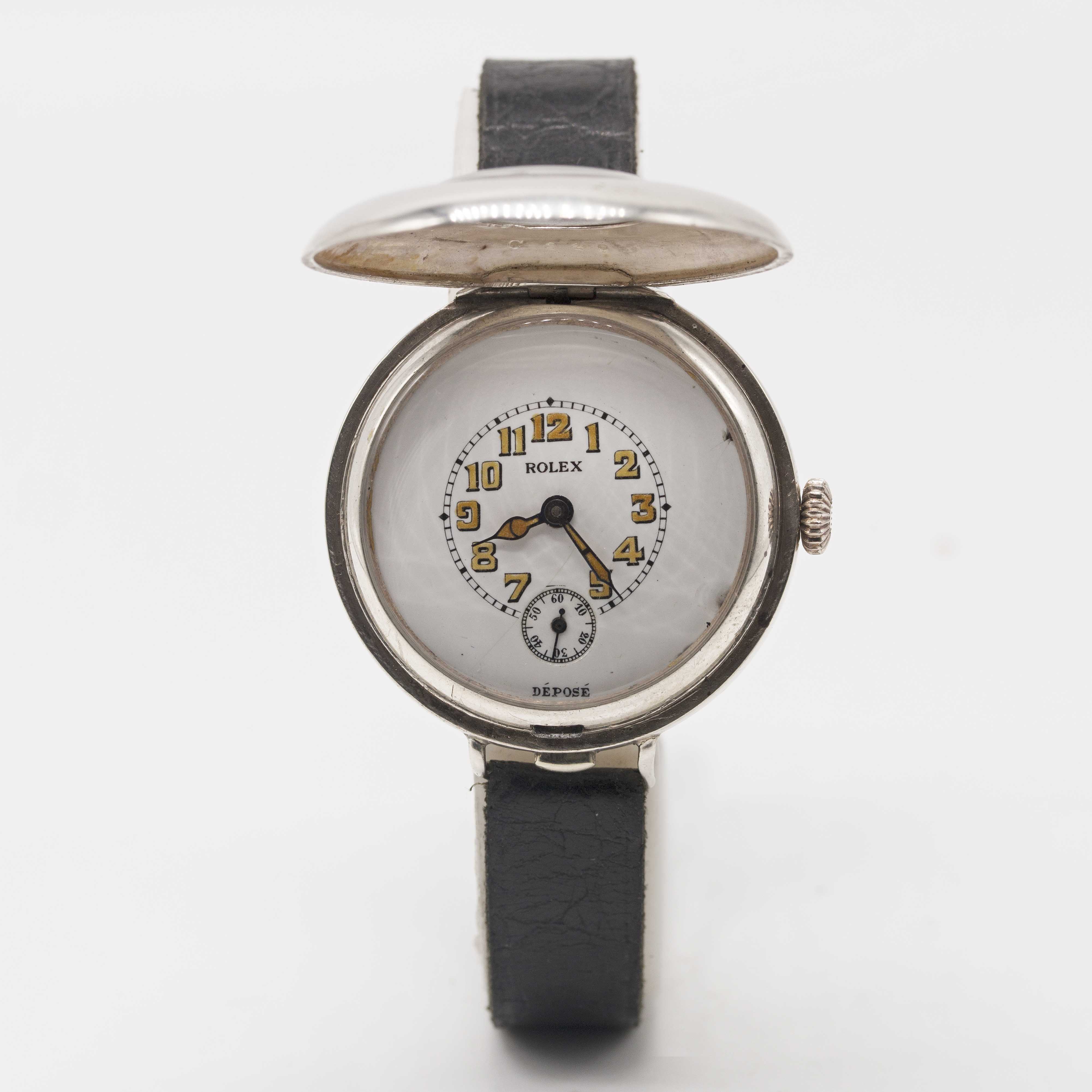 A GENTLEMAN'S SOLID SILVER ROLEX HALF HUNTER OFFICERS WRIST WATCH CIRCA 1920, WITH ENAMEL DIAL - Image 5 of 7