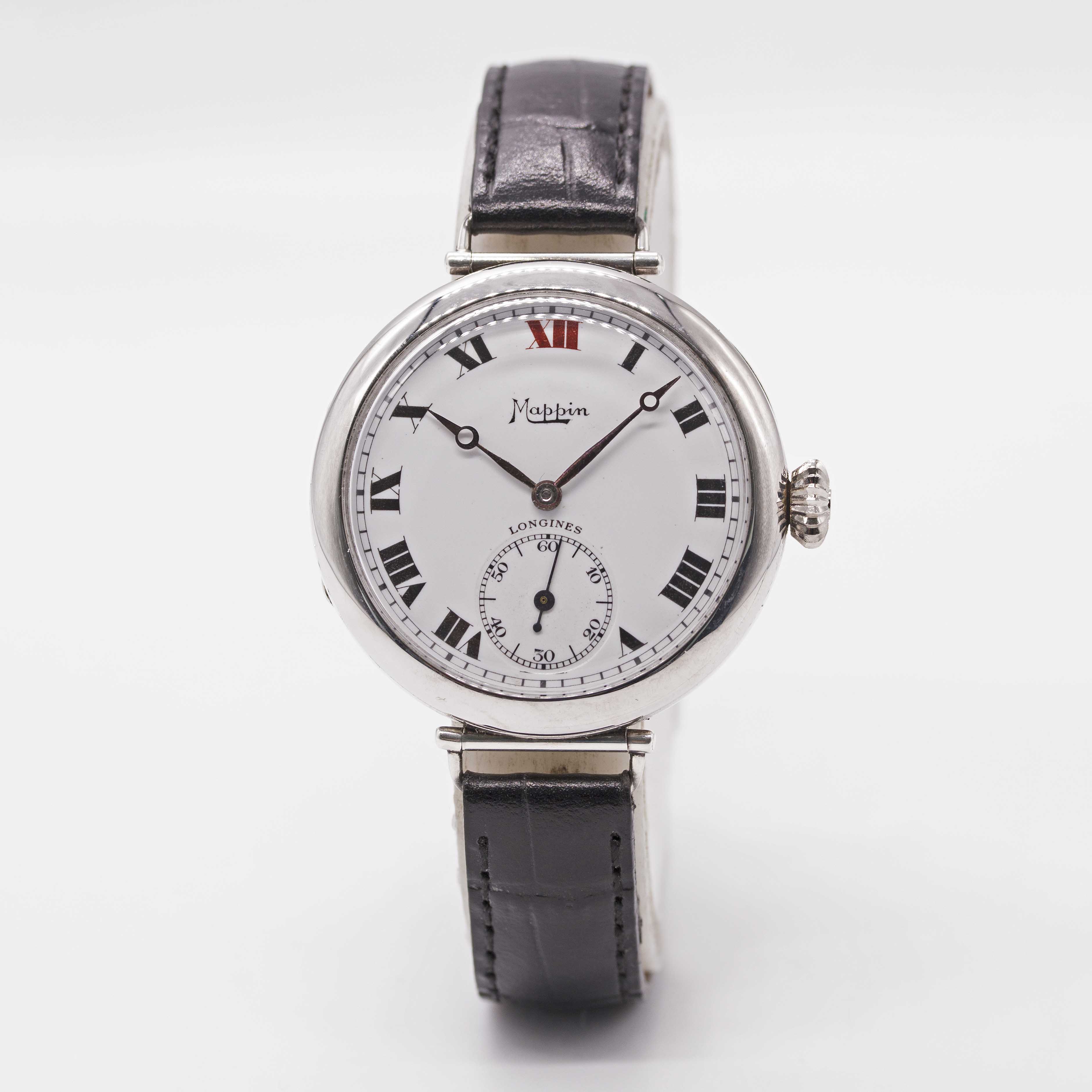 A GENTLEMAN'S SOLID SILVER LONGINES MAPPIN OFFICERS WRIST WATCH CIRCA 1918, ENAMEL DIAL WITH ROMAN - Image 2 of 10