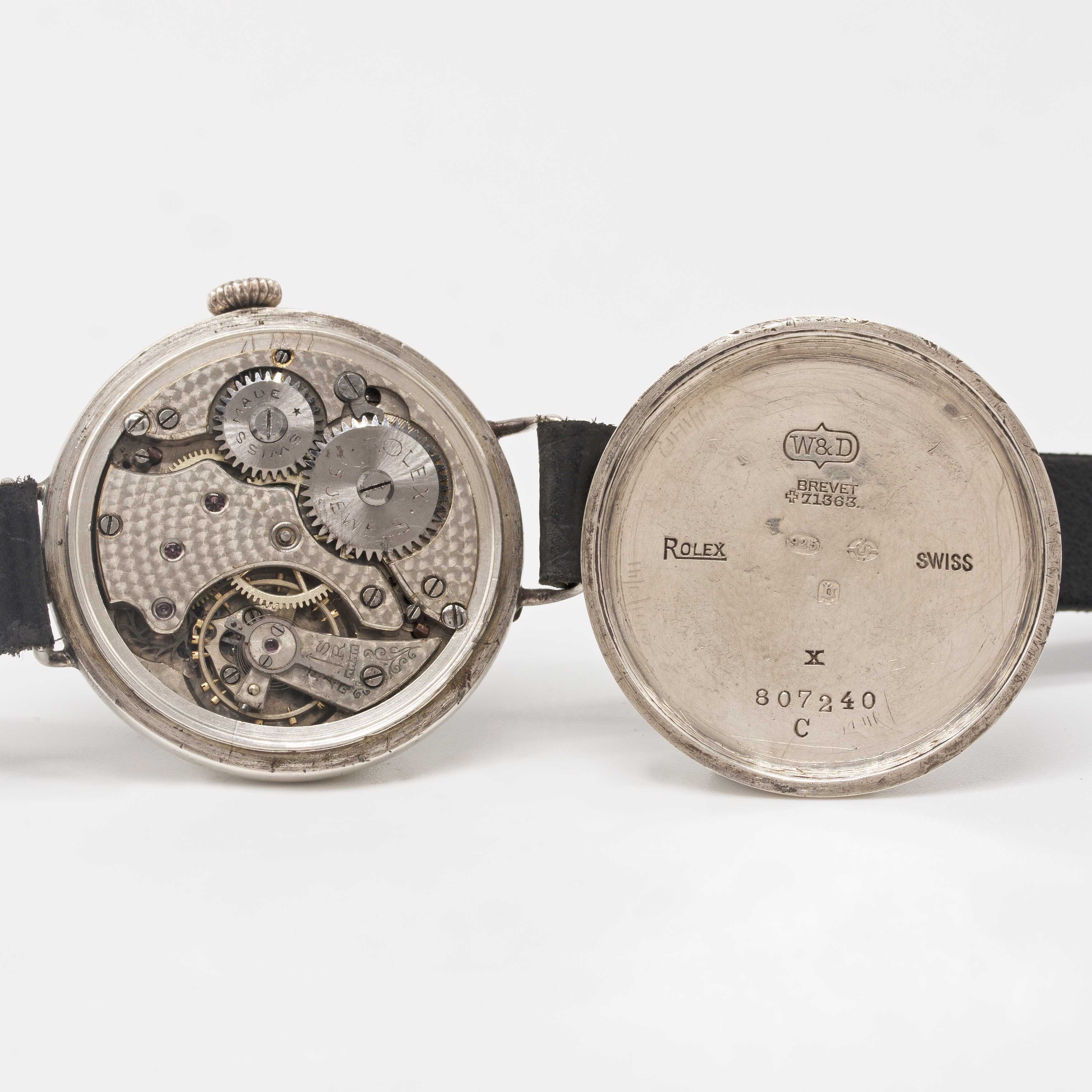 A GENTLEMAN'S SOLID SILVER ROLEX HALF HUNTER OFFICERS WRIST WATCH CIRCA 1920, WITH ENAMEL DIAL - Image 7 of 7