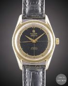 A GENTLEMAN'S GOLD CAPPED UNIVERSAL GENEVE POLEROUTER WRIST WATCH CIRCA 1960, WITH BLACK GILT