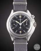 A GENTLEMAN'S STAINLESS STEEL BRITISH MILITARY LEMANIA SINGLE BUTTON RAF PILOTS CHRONOGRAPH WRIST