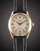 A GENTLEMAN'S 9CT SOLID GOLD ROLEX OYSTER PERPETUAL WRIST WATCH CIRCA 1955, REF. 6564 WITH 3-6-9 