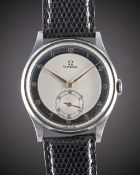 A RARE GENTLEMAN'S LARGE SIZE STAINLESS STEEL OMEGA WRIST WATCH CIRCA 1939, WITH SILVER & BLACK 