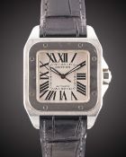 A STAINLESS STEEL CARTIER SANTOS 100 34MM AUTOMATIC WRIST WATCH DATED 2010, REF. 2878 WITH