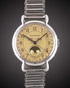 A RARE GENTLEMAN'S LARGE SIZE STAINLESS STEEL JAEGER LECOULTRE TRIPLE CALENDAR MOONPHASE BRACELET