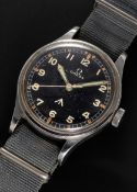 A RARE GENTLEMAN'S STAINLESS STEEL BRITISH MILITARY OMEGA RAF PILOTS WRIST WATCH DATED 1953, REF.