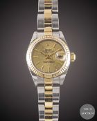 A LADIES STEEL & GOLD ROLEX OYSTER PERPETUAL DATEJUST BRACELET WATCH DATED 2002, REF. 79173 WITH