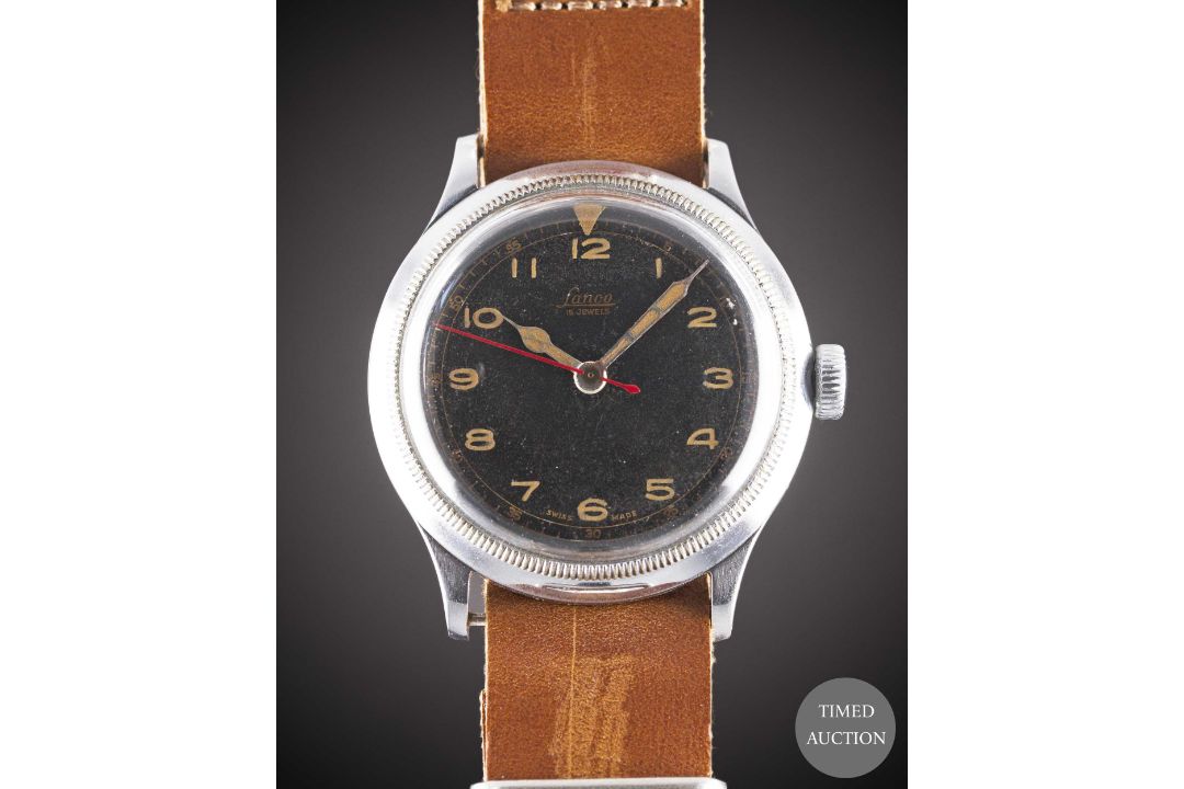 A GENTLEMAN'S LANCO PILOTS WRIST WATCH CIRCA 1940s, BLACK DIAL WITH "CATHEDRAL" HANDS Movement: 15J, - Image 1 of 8