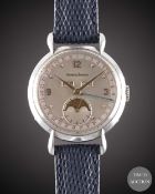 A GENTLEMAN'S LARGE SIZE STAINLESS STEEL JAEGER LECOULTRE TRIPLE CALENDAR MOONPHASE WRIST WATCH