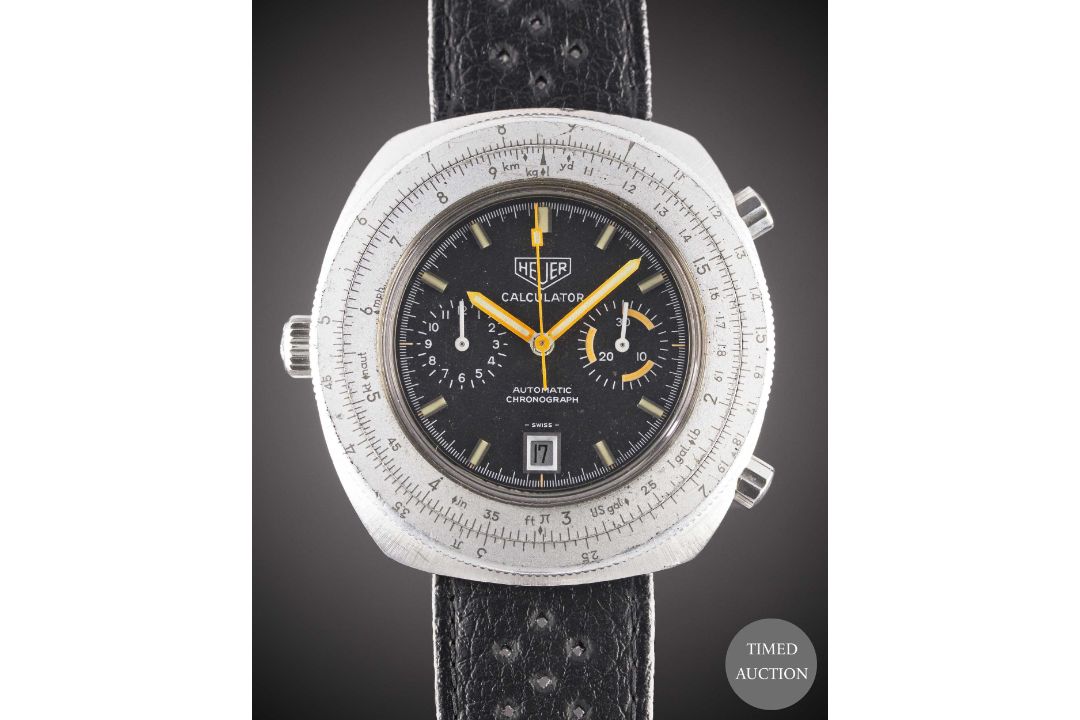 A GENTLEMAN'S STAINLESS STEEL HEUER CALCULATOR AUTOMATIC CHRONOGRAPH WRIST WATCH CIRCA 1970s, REF. - Image 1 of 8