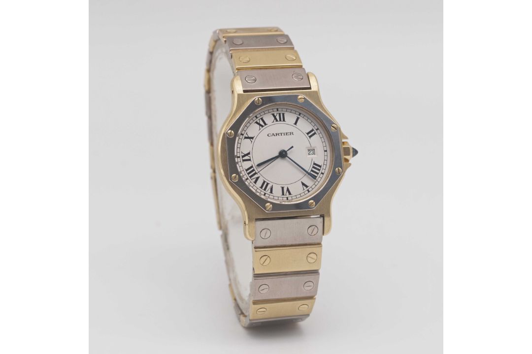 A RARE GENTLEMAN'S SIZE 18K SOLID WHITE & YELLOW GOLD CARTIER SANTOS OCTAGONAL AUTOMATIC BRACELET - Image 5 of 10