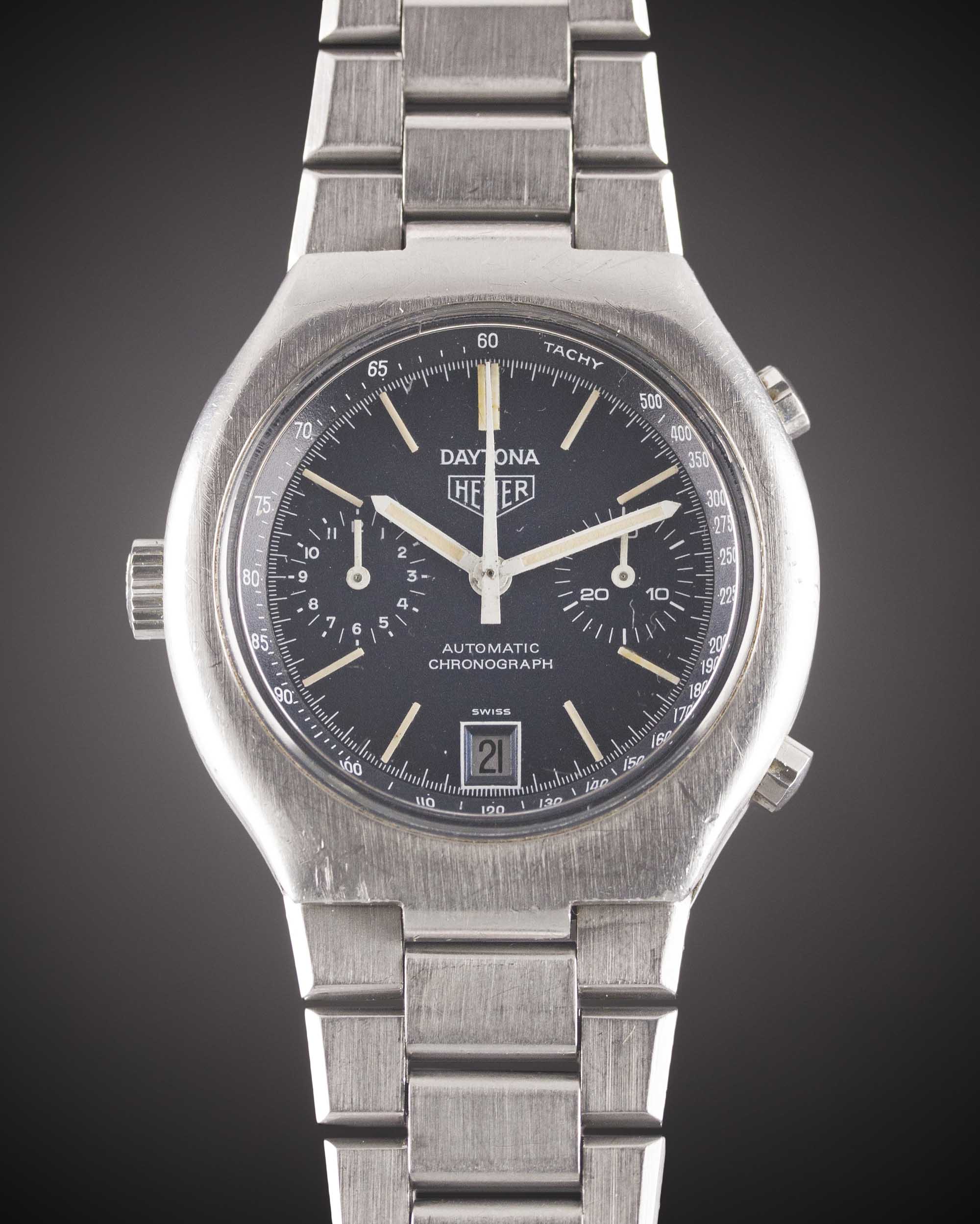 A GENTLEMAN'S STAINLESS STEEL HEUER DAYTONA AUTOMATIC CHRONOGRAPH BRACELET WATCH CIRCA 1977, REF.