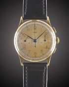 A GENTLEMAN'S 18K SOLID YELLOW GOLD JAEGER CHRONOGRAPH WRIST WATCH CIRCA 1950s, REF. 12498 WITH 