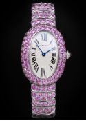 A FINE & VERY RARE LADIES 18K SOLID WHITE GOLD & PINK SAPPHIRE CARTIER BAIGNOIRE BRACELET WATCH