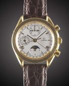 A GENTLEMAN'S 18K SOLID YELLOW GOLD OMEGA SPEEDMASTER TRIPLE CALENDAR MOONPHASE AUTOMATIC