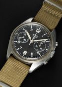 A RARE GENTLEMAN'S STAINLESS STEEL CWC CHRONOGRAPH WRIST WATCH CIRCA 1980, ISSUED TO THE BBC (