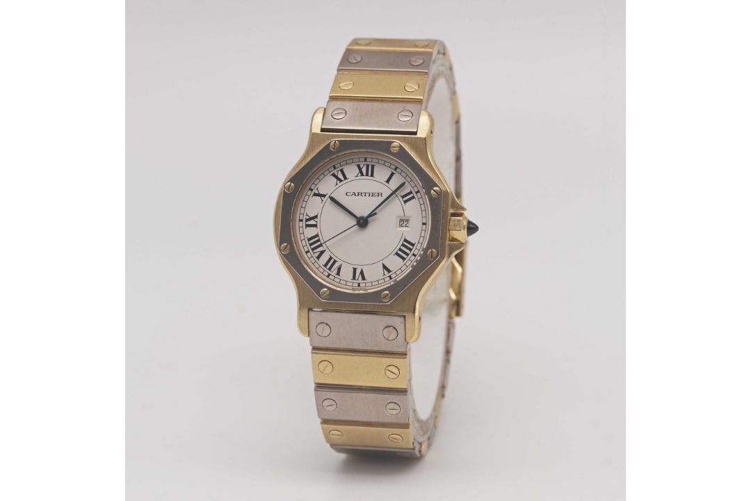 A RARE GENTLEMAN'S SIZE 18K SOLID WHITE & YELLOW GOLD CARTIER SANTOS OCTAGONAL AUTOMATIC BRACELET - Image 4 of 10