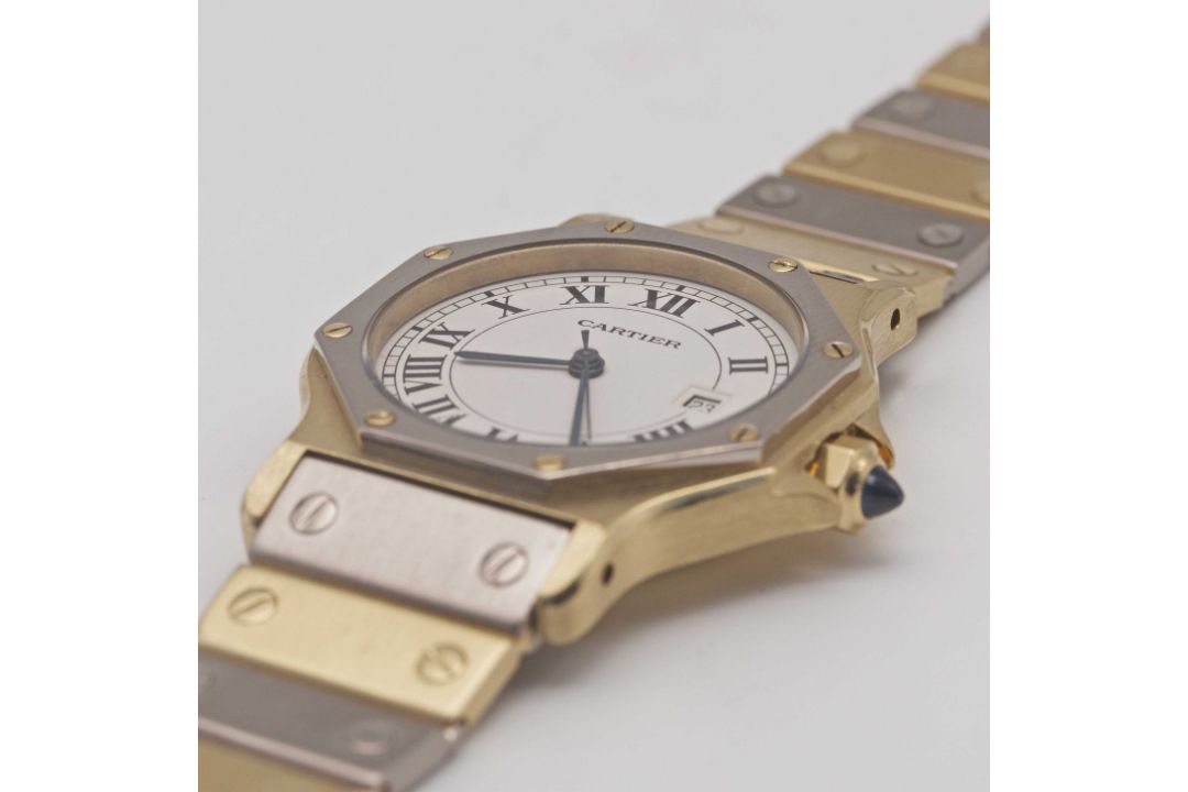 A RARE GENTLEMAN'S SIZE 18K SOLID WHITE & YELLOW GOLD CARTIER SANTOS OCTAGONAL AUTOMATIC BRACELET - Image 3 of 10