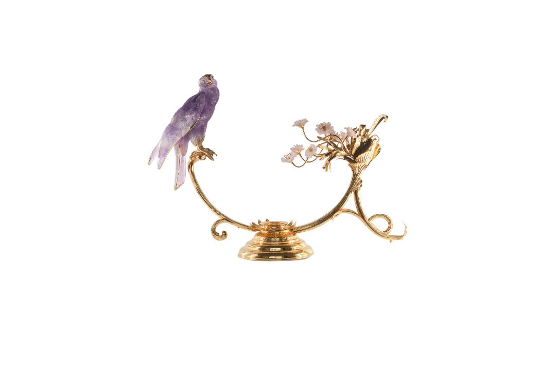 A FINE & RARE YELLOW METAL & DIAMOND SET OBJET D'ART MODEL OF A FALCON ON PERCH CIRCA 1980s Carved - Image 1 of 4
