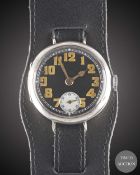 A GENTLEMAN'S SOLID SILVER ROLEX OFFICERS WRIST WATCH CIRCA 1918, WITH BLACK ENAMEL DIAL & CATHEDRAL