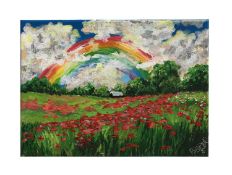 Rainbow, clouds and poppies in a field oil on canvas