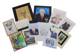 A collection of pencil and watercolour studies, a photograph and two prints