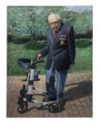 Captain Tom Moore with Walking Frame oil on canvas