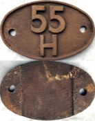British Railways (North Eastern Region) locomotive cast-iron SHEDPLATE '55H' used by Leeds (
